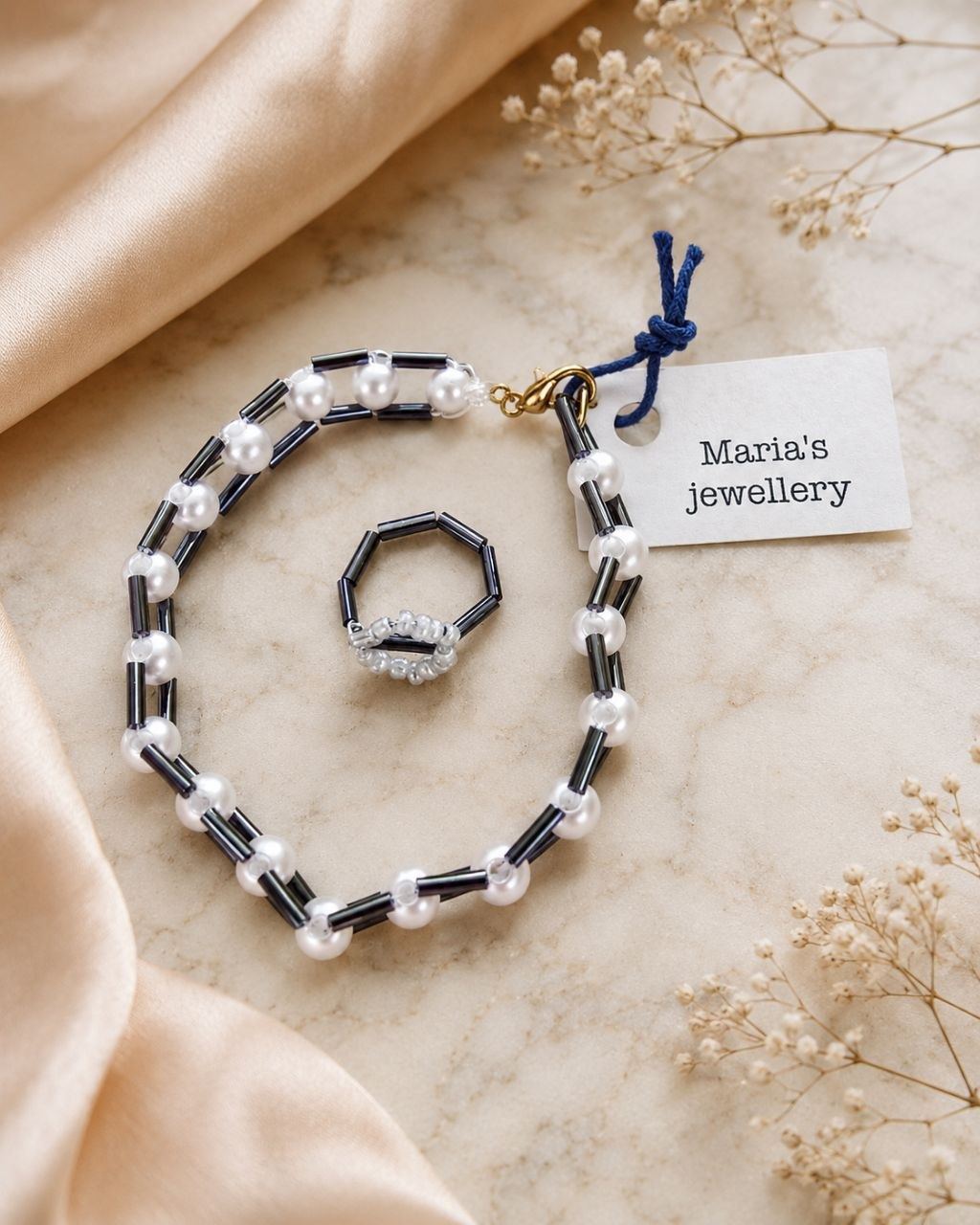 Bransoletka i pierścionek Onyks i Perła z metką MARIA'S
